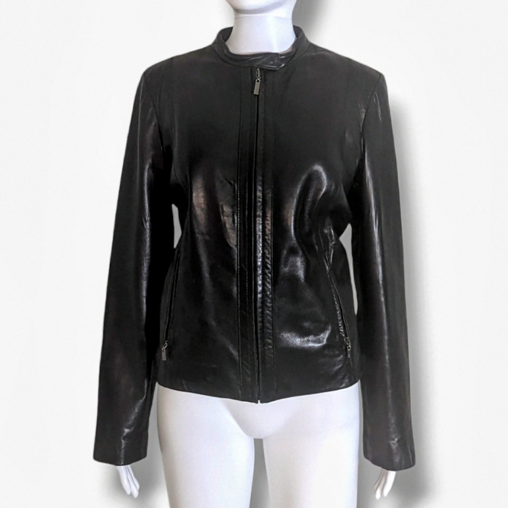 Cole Haan City | Black Lambskin Leather Vented Racer Jacket Women's Size M - Picture 1 of 7